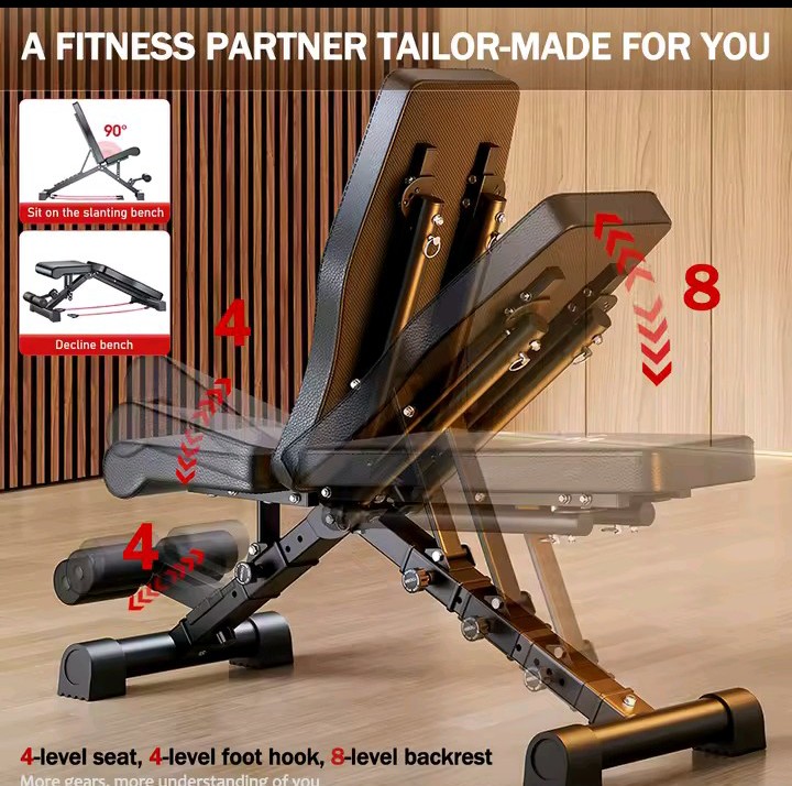 TitanFlex bench showing adjustable backrest, seat and foot hook positions